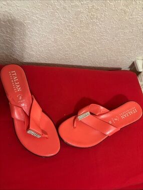 Italian Shoemakers Coral-Red Rhinestone Thong Sandals